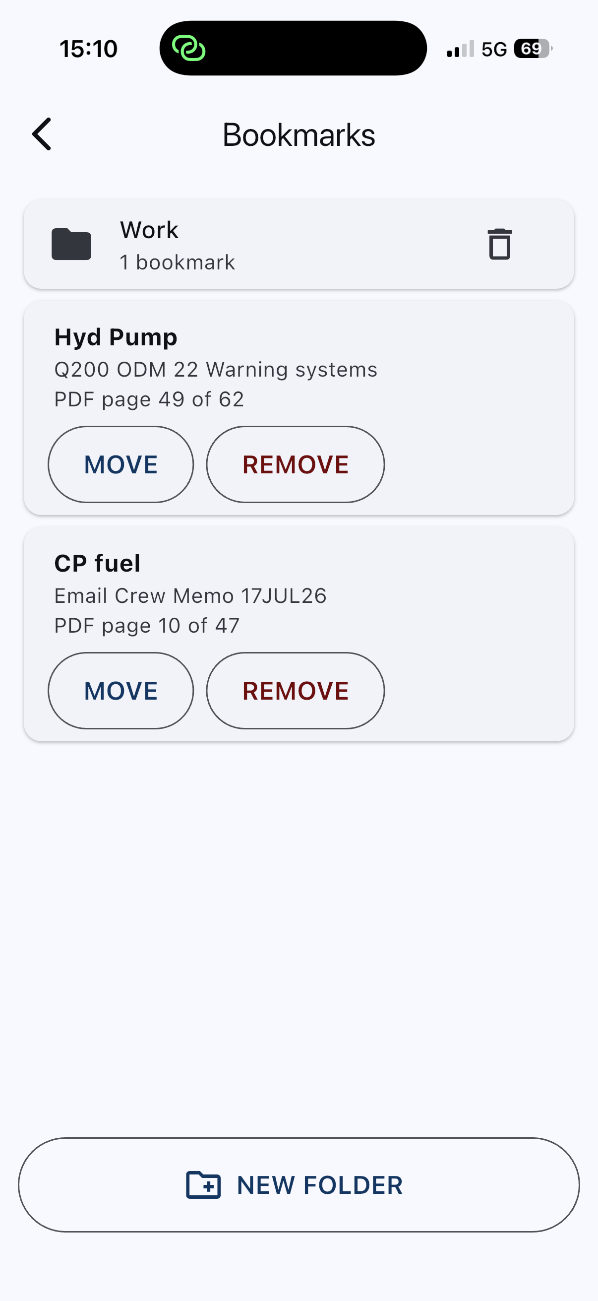 Bookmarks in a folder, with Move, Remove, and New folder