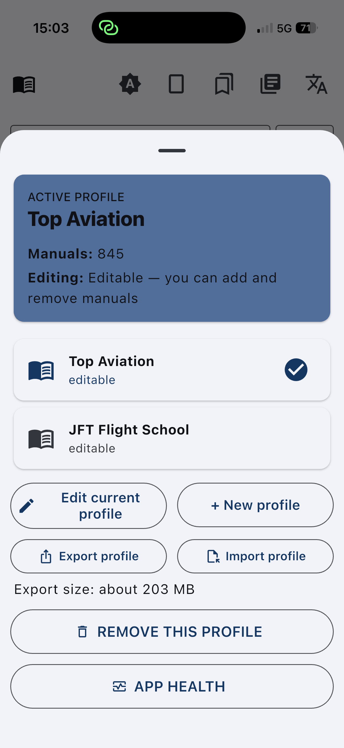 Profile sheet with the active profile, export and import, and App Health