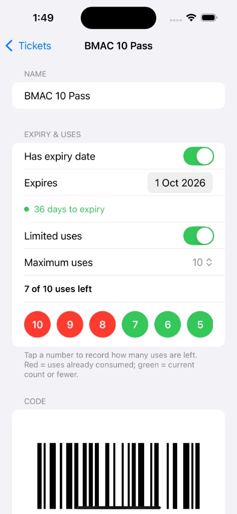 Expiry and uses screen on iPhone showing 7 of 10 uses left with tappable number buttons