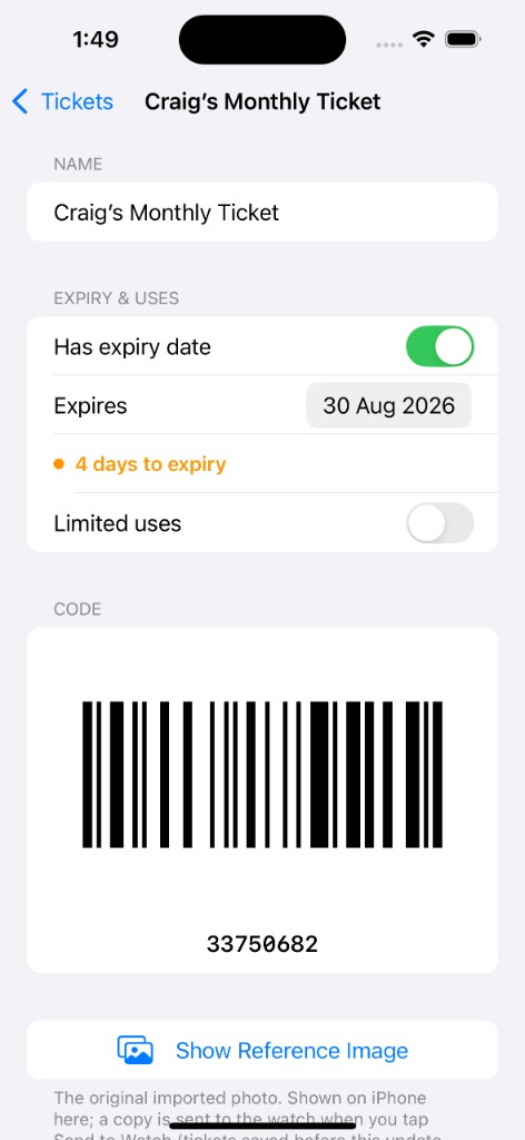 Ticket detail on iPhone with expiry date, redrawn barcode, and Show Reference Image button