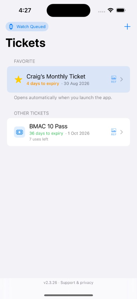 Barcode Ticket iPhone list showing a favorite ticket and another ticket, each with a REF badge for its reference photo