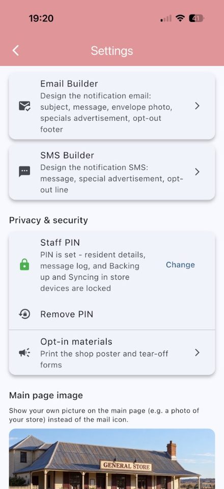 App settings showing Email Builder, SMS Builder, and staff PIN