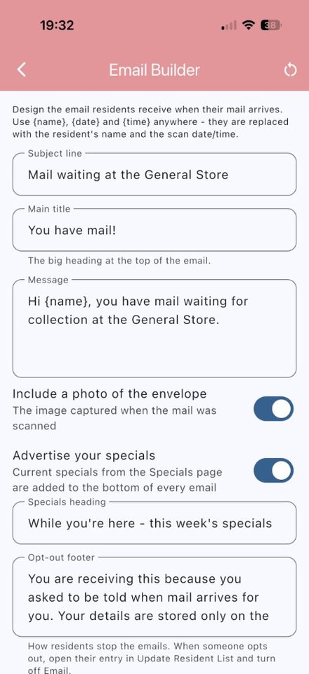 Email Builder with subject, message, envelope photo, and specials options