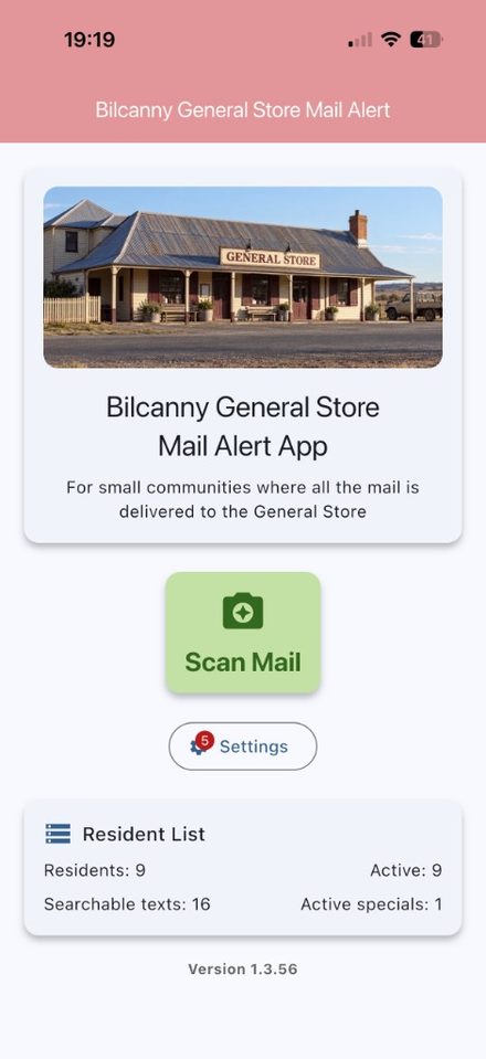 Mail Alert home screen with Scan Mail and the resident list