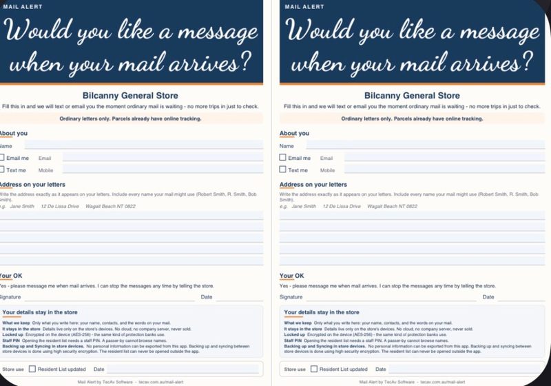 Two Mail Alert opt-in forms on one sheet, ready to cut down the centre