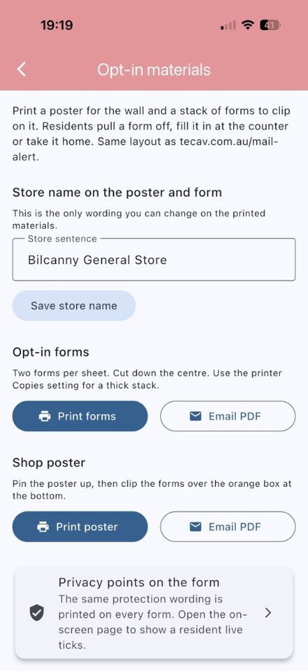 Opt-in materials page for printing the shop poster and tear-off forms