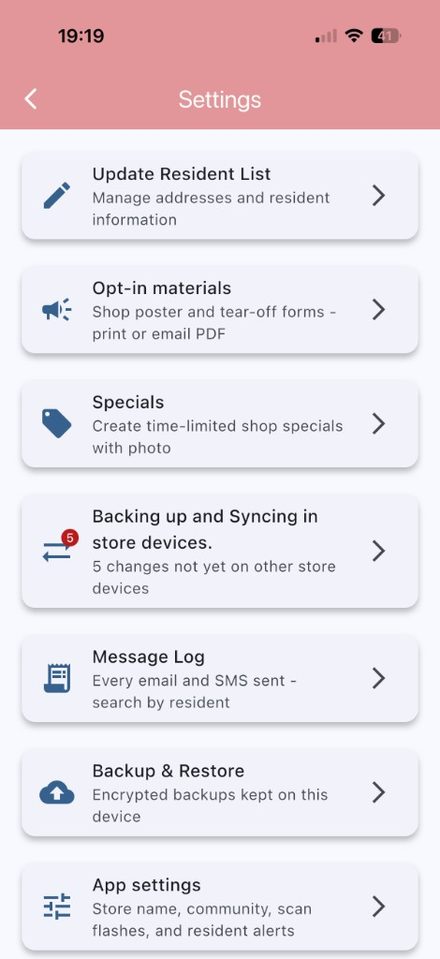Settings list starting with Update Resident List, Opt-in materials, and Specials