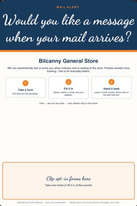 Mail Alert shop poster with clip-forms-here box at the bottom