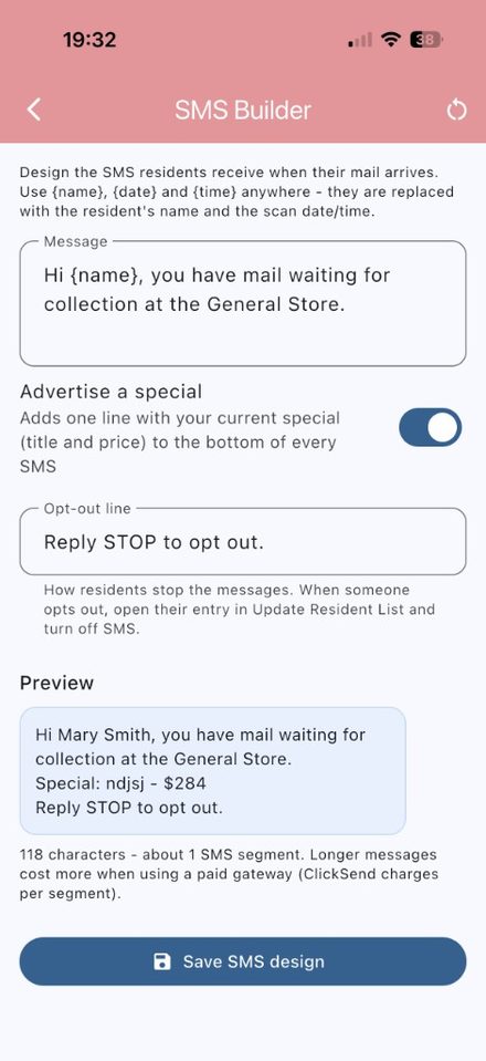 SMS Builder with message, special line, and live preview