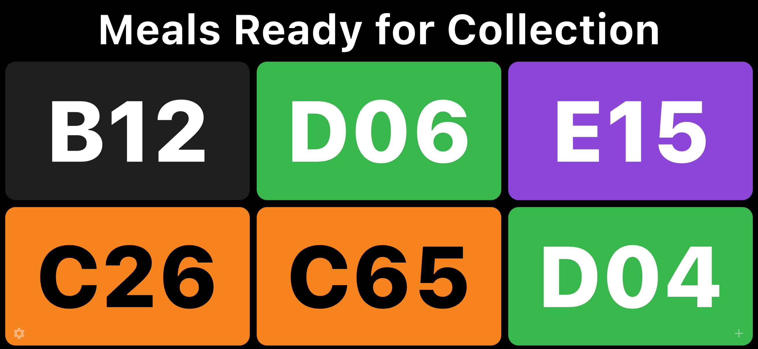 Meal Ready board showing six colour tiles under the title Meals Ready for Collection