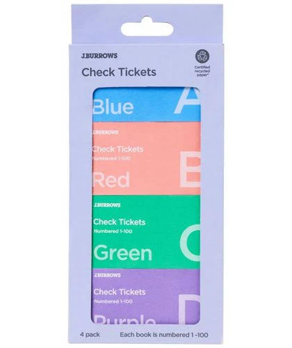 J.Burrows Check Tickets 4-pack box showing Blue A, Red B, Green C, and Purple D books