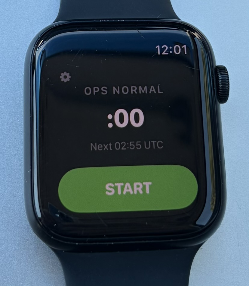 Ops Normal Timer setup screen showing :00 minute picker, next report preview, and START button