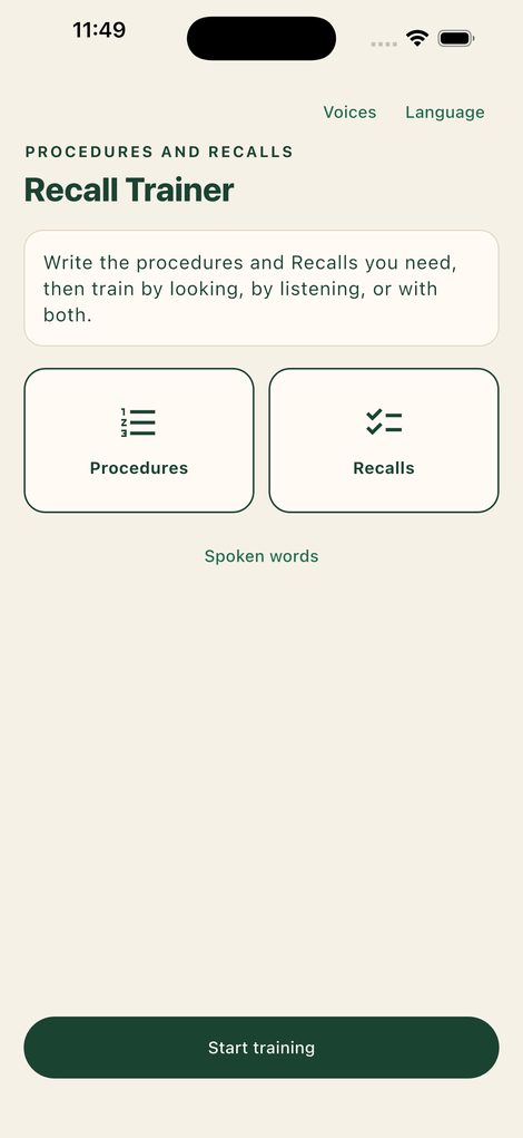 Recall Trainer on an iPhone, with Procedures and Recalls