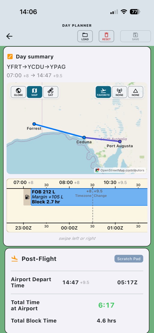 Day summary map from Forrest to Ceduna to Port Augusta, with fuel on board and block time