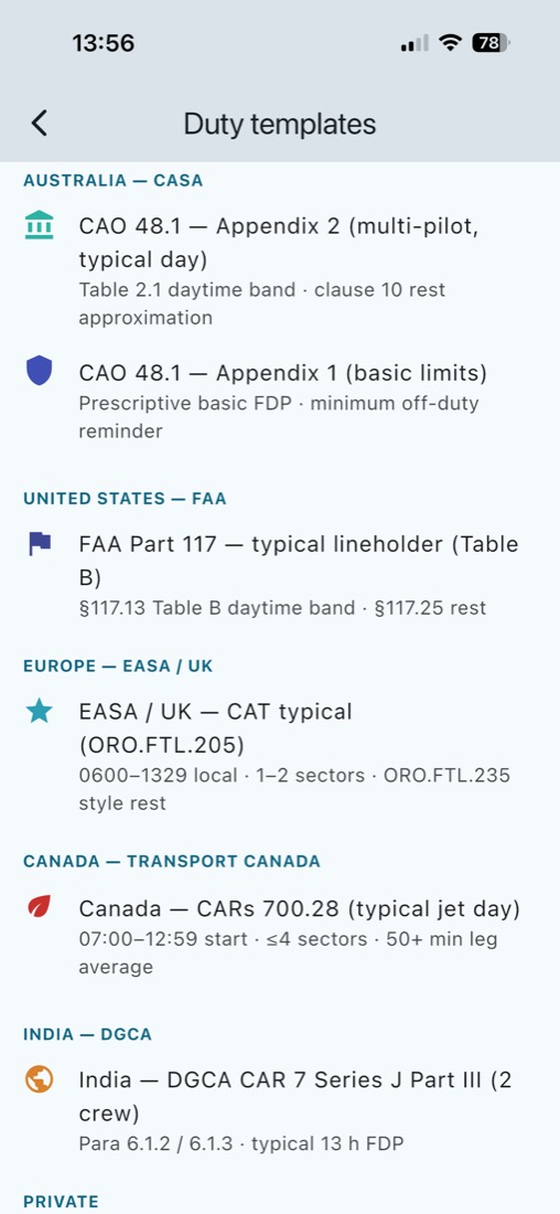 Duty templates for CASA, FAA, EASA, Transport Canada, and DGCA