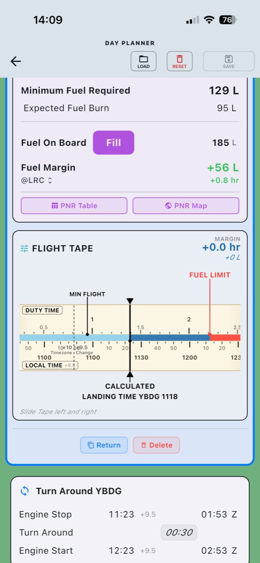 Day Planner fuel margin and a flight tape marked with fuel limit and calculated landing time