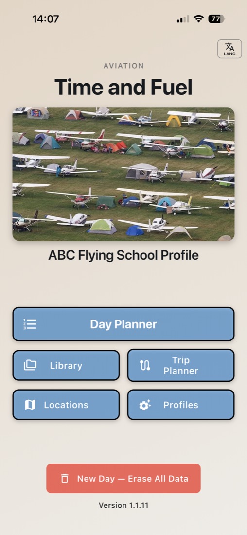 Time and Fuel home screen with Day Planner, Library, Trip Planner, Locations, and Profiles